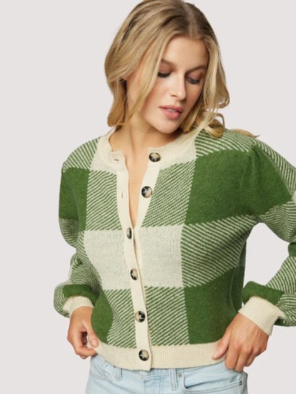 Lost + Wander Green and Cream Plaid Cardigan